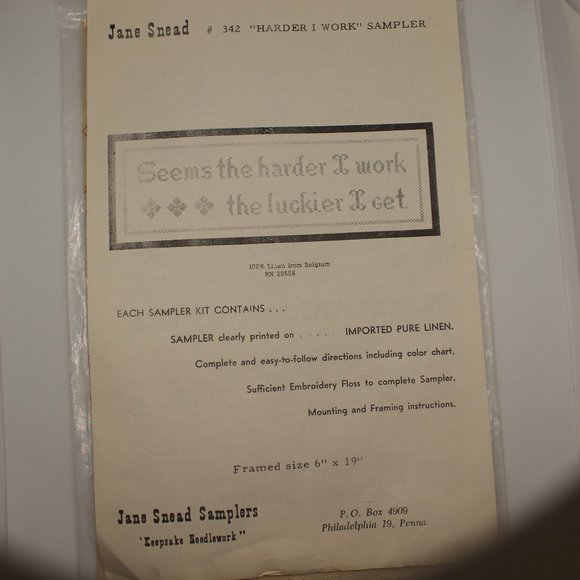 Jane Snead Other - Jane Snead Needlework Kit Seems the Harder I Work The Luckier I Get.